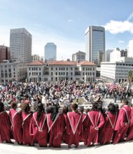 Richmond’s liberation from its role as a bastion of slavery was celebrated with a weekend filled with events marking the historic occasion 150 years ago that brought an end to the Civil
War. Above, the Virginia Union University Choir performs at the State Capitol at a ceremony Saturday recalling the arrival of U.S. Colored Troops to take the city.