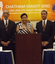 L-R: U.S. Congressman, Bobby Rush (Dist.-1st); Melinda Kelly, Executive Director, Chatham Business Association; and Kevin Brookins, ComEd’s Senior VP, Strategy & Administration.