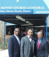 L-R Jack Lynch, Dir. of Community Affairs, Gift of Hope Organ and Tissue Donor Network, Pastor Ed Harris, St. Mark Missionary Baptist Church and Ill. Secretary of State, Jesse White.     