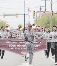 Virginia Union University joyously celebrated its 150th anniversary last Friday with citywide ceremonies at historic sites related to the university’s founding. 

Above, the VUU Marching Band and dancers lead a procession of university faculty, staff, students and community members to the university on Lombardy Street after a prayer meeting,