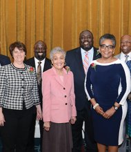 Richmond school system alumni honored, from left: William Russell Flammia, Virginia Secretary of Education Anne B. Holton, James “Saxsmo” Gates, Florence Neal Cooper Smith, Richmond School Board Chairman Donald L. Coleman, Vita M. Harris, Reginald E. Gordon and Sabrina Squire.