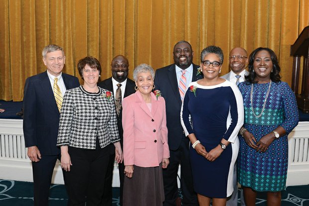 Richmond school system alumni honored, from left: William Russell Flammia, Virginia Secretary of Education Anne B. Holton, James “Saxsmo” Gates, Florence Neal Cooper Smith, Richmond School Board Chairman Donald L. Coleman, Vita M. Harris, Reginald E. Gordon and Sabrina Squire.