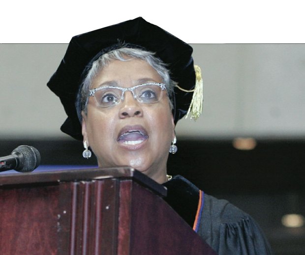 Judge Cressondra Brown Conyers, a 1977 graduate of Virginia State University, eloquently delivers the commencement address Saturday to a record 764 graduates from her alma mater at the Richmond Coliseum. 