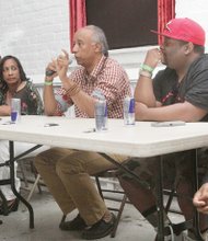 Filmmakers, scholars and music videographers participate in a panel on the history and future of hip-hop through film. They are, from left, visual artist Monsee; Kevin Kosanovich of The College of William & Mary Hip Hop Collection; Zulu Queen Lisa Lee; Emmy Award winner Jesse Vaughan; Virginia State University instructor and visual artist Rob Roby; and Curators of Hip Hop co-founder Jimmie Thomas.