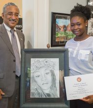 
Budding artist is official winner
Congressman Robert C. “Bobby” Scott presents Sierra Harris of Newport News and her winning work at Richmond’s Black History Museum and Cultural Center of Virginia. The Woodside High School student was named the winner of the 22nd annual 3rd Congressional District Art Competition. The competition is open to all high school students in the congressman’s district. It is part of An Artistic Discovery, a nationwide program coordinated by members of the U.S. House of Representatives to recognize the artistic talents of young people.
