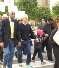 L-R Dr. Leon Finney, Jr., CEO of The Woodlawn Organization and pastor of Metropolitan Apostolic Community Church, 4100 S. King Drive Chicago hosts a Bronveville Night of Faith and Action march and rally where Chicago Mayor Rahm Emanuel and Chicago Ald. Pat Dowell participated in the walk from 41st Street to 47th Street along King Dr. on Friday, May 22, 2015.
