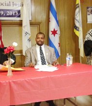 L-R John Clark, president/CEO, Reggio's Pizza, Inc.; Criminal Justice Specialist for the Criminal Justice Division of the NAACP National office Carlton T. Mayers, II and NAACP Chicago Southside Vice President Brenda Sheriff.