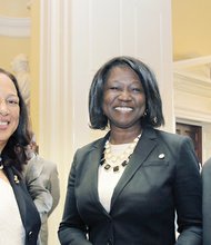 Richmond General District Court Judge Birdie H. Jamison, Chief Deputy Attorney General Cynthia Hudson and 4th U.S. Circuit Court Judge Roger L. Gregory attend an ODBA reception at the state Capitol rotunda Thursday.
