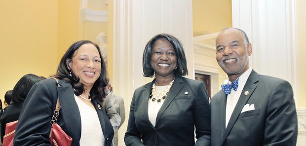 Richmond General District Court Judge Birdie H. Jamison, Chief Deputy Attorney General Cynthia Hudson and 4th U.S. Circuit Court Judge Roger L. Gregory attend an ODBA reception at the state Capitol rotunda Thursday.
