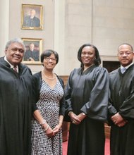 The Old Dominion Bar Association’s annual conference opened last Thursday with a special session of the Supreme Court of Virginia, where the African-American justices who have served on the state’s highest court were recognized. The honorees, left to right, retired Justice John Charles Thomas, Linda G. Hassell, widow of the late Chief Justice Leroy R. Hassell Sr., Justice Cleo E. Powell, and Justice S. Bernard Goodwyn.