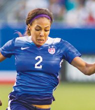 Sydney Leroux, wearing No. 2 for the U.S. team, moves the ball forward during a recent match against Mexico in Carson, Ca. The U.S. team won 5-1