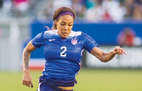 Sydney Leroux, wearing No. 2 for the U.S. team, moves the ball forward during a recent match against Mexico in Carson, Ca. The U.S. team won 5-1
