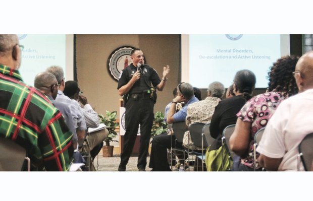 Richmond Police Officer Dean Waite talks about security to faith leaders Saturday at the Places of Worship Safety & Awareness Forum. About 200 people attended. Location: Richmond Police Academy next to the campus of Virginia Union University. 