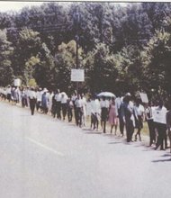 Members of the Virginia Students Civil Rights Committee participated in this voter registration march in August 1965 from First Baptist Church in Victoria to the Lunenburg County Courthouse. 