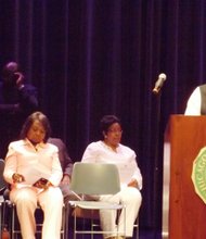 Ill. State Sen. Donne Trotter (Dist.-17th) address audience members who gathered for the Ill. Legislative Black Caucus "Stop the Cuts Rally" held June 25 at Chicago State University's Breakey Theater. Also in the photo L-R are Ill. State Sen. Jacqueline Collins (Dist.-16th); Ill. State Rep. Mary Flowers (Dist.-31st) and Ill. State Sen. Ester Golar (Dist.-6th) 