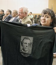Shelly Lipscomb Echeverria proudly displays a shirt bearing the image of her ancestor, Delegate James F. Lipscomb, who represented Cumberland County from 1869 to 1877 in the General Assembly. 
