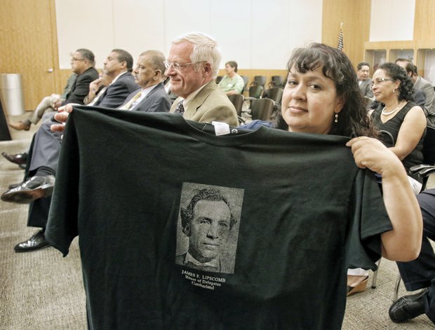 Shelly Lipscomb Echeverria proudly displays a shirt bearing the image of her ancestor, Delegate James F. Lipscomb, who represented Cumberland County from 1869 to 1877 in the General Assembly. 