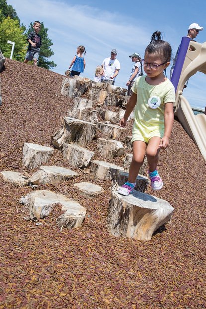 Fun at ARCpark - The sounds of happy children playing filled the air Saturday at the opening of
the new ARCpark on North Side. Olivia Lynne Rios, 3, navigates a recreation trail.