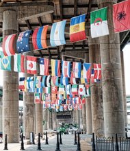 The flags of 83 countries — from Algeria to Venezuela — are on display in Shockoe Bottom in honor of the international cyclists coming to race on the streets of Richmond and nearby localities later this month. Location: Near 15th and East Main streets in the parking lot across from Main Street Station. The flags represent the many nations likely to send riders. The flags are lashed to concrete pillars that support the Interstate 95 overpass. They will serve as a backdrop for race-related events at the train station, the city said. The start-finish line for many of the cycling contests will be on Broad Street at the Greater Richmond Convention Center, which also will provide a major gathering area for fans. The city said world flags also will be on display on Broad Street during the opening ceremony Sept. 18. The UCI Road World Championships are set to run Sept. 19 through 27. Richmond is the first U.S. city to host the races in 29 years.
