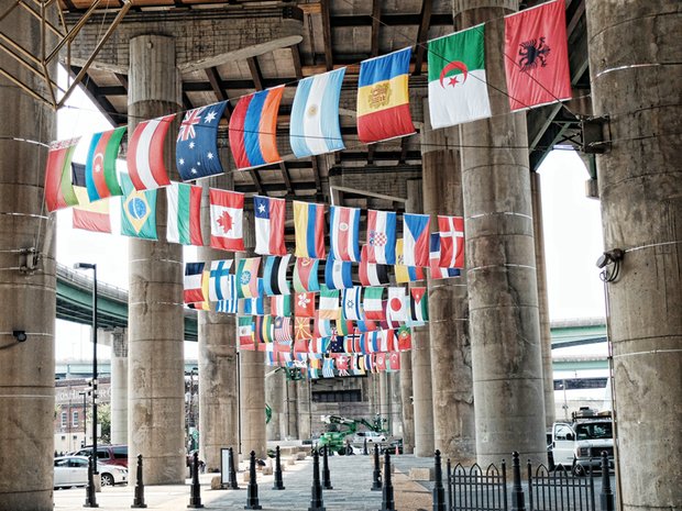 The flags of 83 countries — from Algeria to Venezuela — are on display in Shockoe Bottom in honor of the international cyclists coming to race on the streets of Richmond and nearby localities later this month. Location: Near 15th and East Main streets in the parking lot across from Main Street Station. The flags represent the many nations likely to send riders. The flags are lashed to concrete pillars that support the Interstate 95 overpass. They will serve as a backdrop for race-related events at the train station, the city said. The start-finish line for many of the cycling contests will be on Broad Street at the Greater Richmond Convention Center, which also will provide a major gathering area for fans. The city said world flags also will be on display on Broad Street during the opening ceremony Sept. 18. The UCI Road World Championships are set to run Sept. 19 through 27. Richmond is the first U.S. city to host the races in 29 years.
