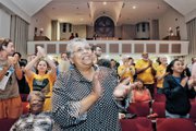 Brenda Hale, president of the Roanoke Branch NAACP, takes part in the Sept. 10 rally at Virginia Union University.