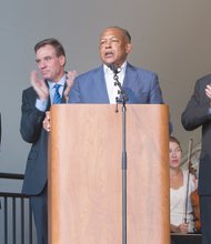 The four co-chairs of the 2015 UCI Road World Championships share the stage during opening ceremonies last Friday at Brown’s Island. From left, Dominion Resources CEO Thomas F. Farrell II, U.S. Sen. Mark R. Warner, Richmond Mayor Dwight C. Jones and Gov. Terry McAuliffe.