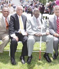 VIPs surround Dr. Allix B. James, third from left, at Virginia Union University’s 2012 Commencement. Seated with him at Hovey Field are, from left, Richmond Mayor Dwight C. Jones, a VUU alumnus; Raymond H. Boone, the late Free Press founder, editor and publisher; and U.S. Rep. Robert C. “Bobby” Scott.