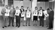 Dr. Allix B. James, left, checks out a prototype of the new Richmond Free Press with other members of the board of directors of Paradigm Communications Inc., which publishes the newspaper. Location: The newspaper’s first newsroom at Broad and Adams streets in Downtown. Other board members, from left, Dr. Elwood Boone Jr., Free Press founder the late Raymond H. Boone, the late Dr. Darrel Rollins, the late Dr. William Thornton, Beverly Davis, Leonard Lambert, Dr. Lerla Joseph and Clarence L. Townes Jr.