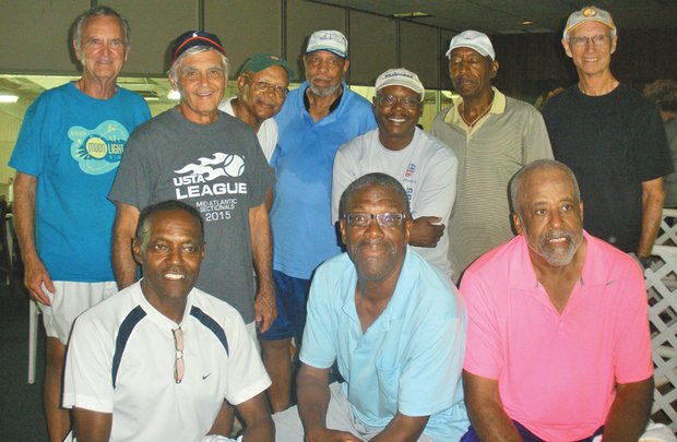 Members of the Tennisbums, left to right, seated: James “Plunky” Branch, Roland Cuffee, Mack Hardison. Standing, left to right: James Carr, Glenn Van Tuyle, Charles Brown, Sa’ad El-Amin, Coach Larry Kelly, Robert Boddie and Don Miller. Members Guy Chance and James Junius are not present.