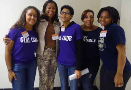 Emily Wilson, Jean Drummond, Jacquelyn Chin, Kanika Tolver and Rashema Melson encourage girls to have a positive self-image. Chin and Marianne Orunja, (not pictured) helped to plan this year’s “Girl Code” symposium.