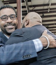 The Rev. Roscoe D. Cooper III, left, receives congratulations from Henrico Delegate Lamont Bagby after Tuesday’s election results showed both men were victorious. Rev. Cooper won a close race to represent the Fairfield District on the Henrico School Board. Delegate Bagby, who won re-election Tuesday to the General Assembly, previously held the Fairfield seat.