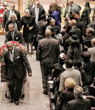 Remembering Leonard Lambert Sr. //
Hundreds of people gathered to remember Leonard W. Lambert Sr. at a funeral service Tuesday at Saint Paul’s Baptist Church in Henrico County.
Stirring music filled the sanctuary and family and friends shared warm reflections of Mr. Lambert, who was described as a man of strong faith who left a lasting mark in Metro Richmond by his decades of legal, church and community service.
Dr. John W. Kinney, dean of the Samuel DeWitt Proctor School of Theology at Virginia Union University, delivered the eulogy at the service, which also included remarks from Mr. Lambert’s sister, Dr. Elizabeth Johns, Mayor Dwight C. Jones and others.
Among his achievements, Mr. Lambert became Richmond’s first African-American judge in 1973 when he was named a substitute judge for the Richmond General District Court.
At left, his wife, Sylvia J. Lambert, and other family members leave their pews during the recessional at the conclusion of the service.