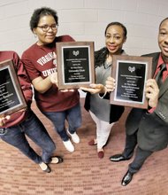 Be a lifesaver // Representatives of three Virginia Union University organizations display plaques awarded to their groups Nov. 21 for having the highest number of registrants for the “Be The Match Registry.” That’s a national bone marrow databank designed to connect possible donors to people in need of a marrow transplant to fight diseases such as sickle cell anemia, leukemia and blood cancers. From left, the students are Paige McGilvery and Jahnae McCoy of Destiny’s Daughters (second place), Miss Virginia Union Khadijah Harvin of The University Choir (third place) and Deondrai McKithen of the VUU Student Government Association (first place). The drive was organized by the James River Valley Chapter of The Links Inc. The Links chapter will host its second annual community bone marrow drive from 10 a.m. to 2 p.m. Saturday, Dec. 5, at Chesterfield Towne Center, 11500 Midlothian Turnpike. The public is invited to participate.