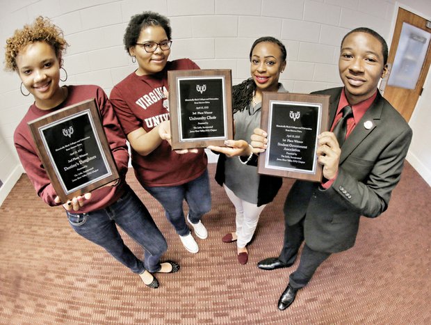 Be a lifesaver // Representatives of three Virginia Union University organizations display plaques awarded to their groups Nov. 21 for having the highest number of registrants for the “Be The Match Registry.” That’s a national bone marrow databank designed to connect possible donors to people in need of a marrow transplant to fight diseases such as sickle cell anemia, leukemia and blood cancers. From left, the students are Paige McGilvery and Jahnae McCoy of Destiny’s Daughters (second place), Miss Virginia Union Khadijah Harvin of The University Choir (third place) and Deondrai McKithen of the VUU Student Government Association (first place). The drive was organized by the James River Valley Chapter of The Links Inc. The Links chapter will host its second annual community bone marrow drive from 10 a.m. to 2 p.m. Saturday, Dec. 5, at Chesterfield Towne Center, 11500 Midlothian Turnpike. The public is invited to participate.