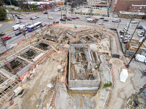 A drone under the control of a Free Press photographer provides this aerial snapshot of the site where Virginia Commonwealth University’s new Institute of Contemporary Art is going up. The $35 million building is under construction at the gateway intersection ofCityscape // 
Slices of life and scenes in Richmond
Broad and Belvidere streets. The photo was taken Friday, Dec. 18. Work began a year ago, but construction was halted for six months to allow the site foundation to be modified to install geothermal wells. The institute, expected to open in early 2017, is to host experimen- tal art and performances.