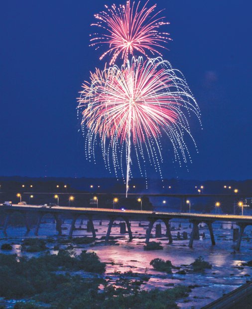 Fireworks light up the sky and glow in the James River during the Fourth of July celebration at Brown’s Island in Downtown.