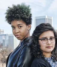 Spoken word artists Mysia Perry of Open High School, left, and Leslie Reyes of Huguenot High School share their talent and perspective at area poetry slams in March.