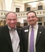 U.S. Sen. Tim Kaine stands with Jonathan Zur, CEO and president of the Virginia Center for Inclusive Communities, following the community dialogue at Congregation Beth Ahabah.
