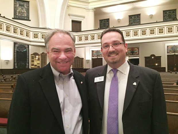U.S. Sen. Tim Kaine stands with Jonathan Zur, CEO and president of the Virginia Center for Inclusive Communities, following the community dialogue at Congregation Beth Ahabah.
