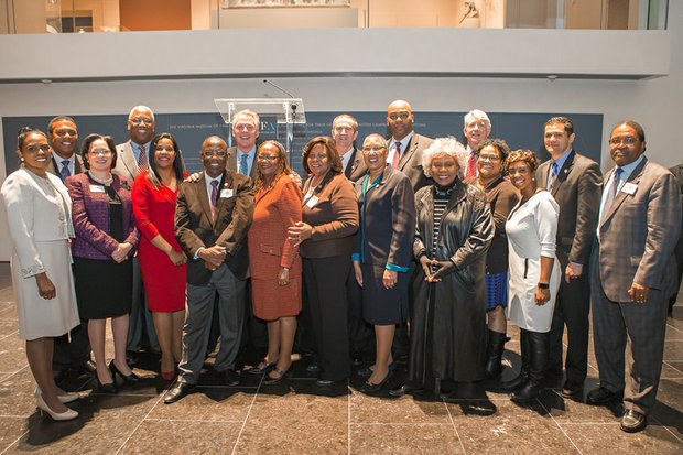 Va. Legislative Black Caucus reception at VMFA // Members of the Virginia Legislative Black Caucus gathered Monday for their annual reception before the start of the 2016 General Assembly session. Other elected officials, corporate and educational leaders attended the event at the Virginia Museum of Fine Arts. The 18-member caucus formally announced its legislative agenda Wednesday at a news conference. 
Above, Caucus members joined Gov. Terry McAuliffe and Virginia’s top elected officials for a photograph. From left, they are Delegate Jeion Ward of Hampton, Sen. Kenneth Alexander of Norfolk, Delegate Jennifer L. McClellan of Richmond, Sen. A. Donald McEachin of Henrico County, Delegate Charniele Herring of Alexandria, Delegate Lionel Spruill Sr. of Chesapeake, Gov. McAuliffe, Sen. Mamie Locke of Hampton, Sen. Dance of Petersburg, Lt. Gov. Ralph Northam, Delegate Daun Hester of Norfolk, Delegate Lamont Bagby of Henrico, Sen. Louise Lucas of Portsmouth, Attorney General Mark R. Herring, Delegate Marcia Price of Newport News, Delegate Lashrecse Aird of Petersburg, Delegate Sam Rasoul of Roanoke and Delegate Joseph Lindsey of Norfolk. Caucus members not pictured are Delegate Luke Torian of Prince William County, Delegate Matthew James of Portsmouth and Delegate Delores McQuinn of Richmond.
