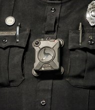 This close-up of the body camera worn by Richmond Police Officer Scott Land shows the size of the cameras being used starting this week by officers at the Fourth Precinct in North Side.