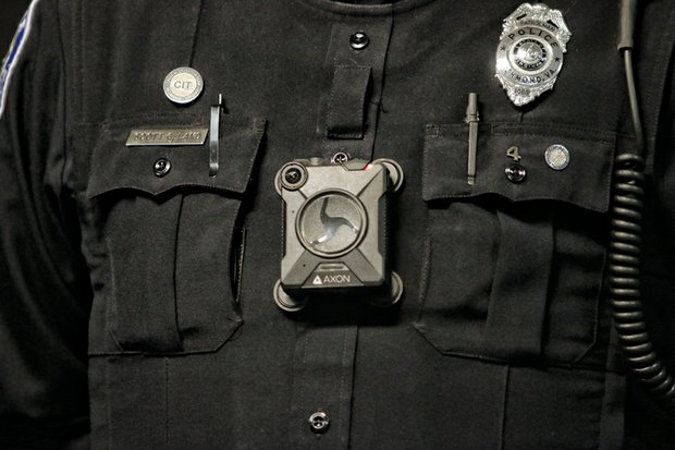 This close-up of the body camera worn by Richmond Police Officer Scott Land shows the size of the cameras being used starting this week by officers at the Fourth Precinct in North Side.