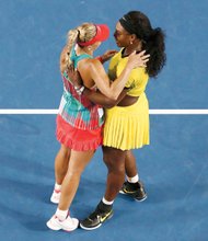 Serena Williams, right, embraces Angelique Kerber of Germany after losing to the younger player in last Saturday’s final at the Australian Open.