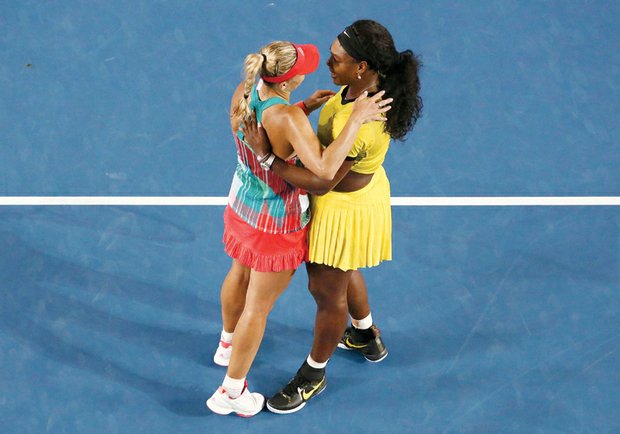 Serena Williams, right, embraces Angelique Kerber of Germany after losing to the younger player in last Saturday’s final at the Australian Open.