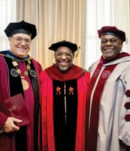 Prior to delivering the keynote message at last Friday’s Founders Day Convocation at Virginia Union University, Bishop Rudolph W. McKissick Jr. of Bethel Baptist Institutional Church in Jacksonville, Fla., is flanked by VUU President Claude G. Perkins, left, and Dr. W. Franklyn Richardson, chair of the university’s Board of Trustees. 
