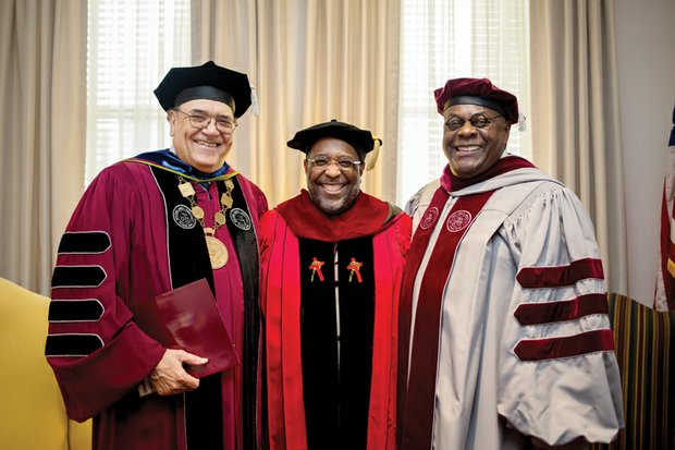 Prior to delivering the keynote message at last Friday’s Founders Day Convocation at Virginia Union University, Bishop Rudolph W. McKissick Jr. of Bethel Baptist Institutional Church in Jacksonville, Fla., is flanked by VUU President Claude G. Perkins, left, and Dr. W. Franklyn Richardson, chair of the university’s Board of Trustees. 
