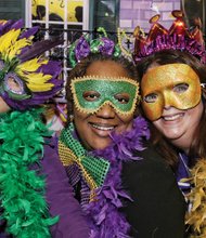 From left, Anne Gyer, Delly Evans and Mardi Bras founder Marti Williams party as they do good — collecting essential items for homeless women. Location: Atlee Community Church’s Northminster Campus on North Side. Right, some of the items that supporters of Mardi Bras contributed, including bras and feminine hygiene products. 