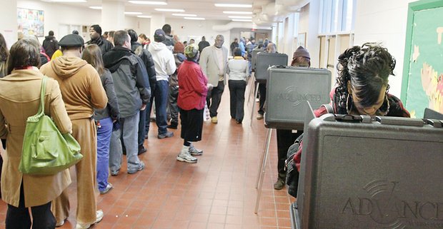 Richmond voters stand in line at the Randolph Community Center to cast ballots in the November 2012 presidential election.