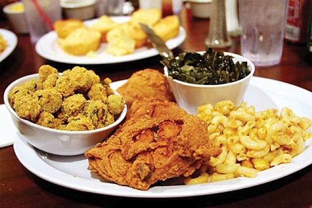This plate is loaded with the typical tasty, high-calorie comfort food served at many African-American churches.