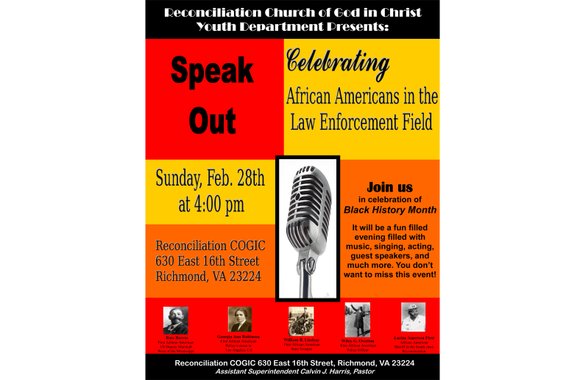 The Reconciliation Church of God in Christ’s Youth Department is hosting “Speak Out,” an event celebrating posthumously five African-American trailblazers ...